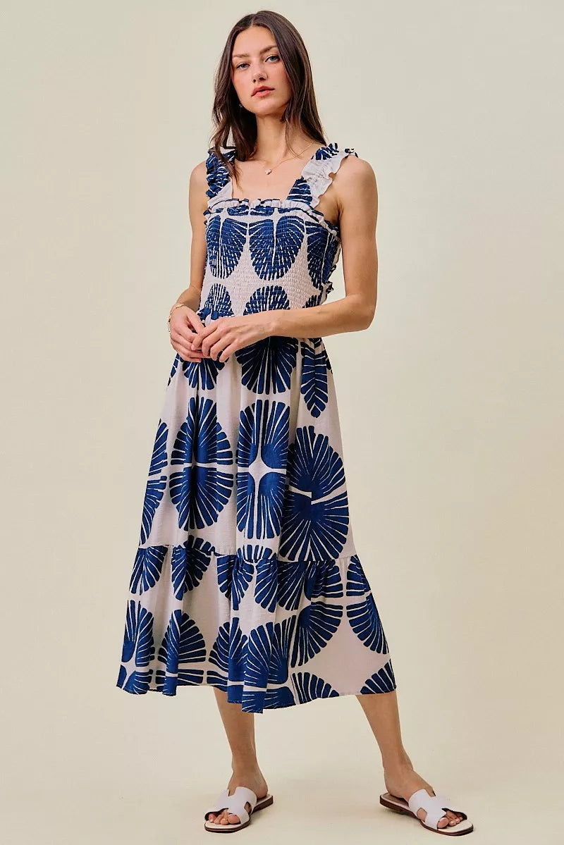 Abstract print smocked bodice tiered lined midi dress by Plush Fashion Hub featuring a flowy tiered skirt and stylish design.