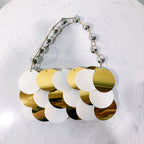 Beaded platinum sequined handmade wafer bag with stringed pearls, perfect for women’s casual accessories.