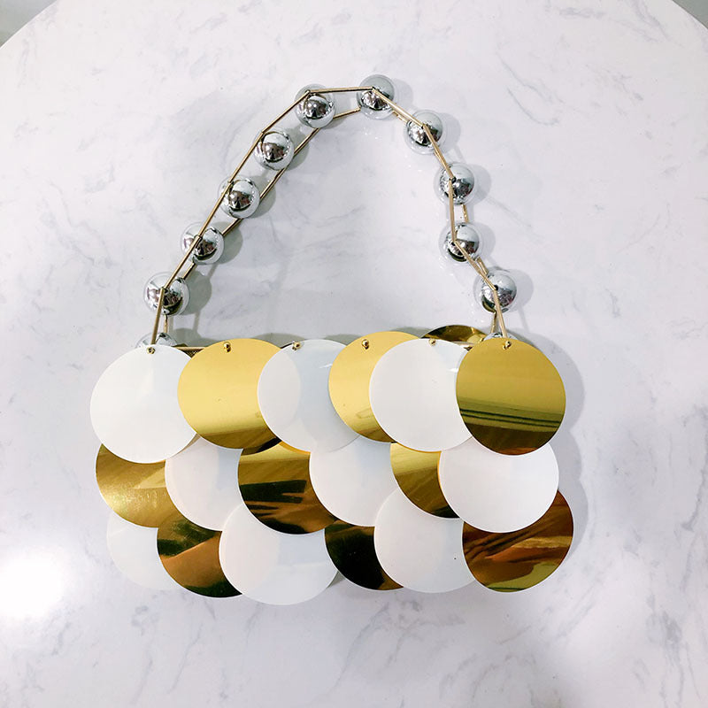 Beaded platinum sequined handmade wafer bag with stringed pearls, perfect for women’s casual accessories.