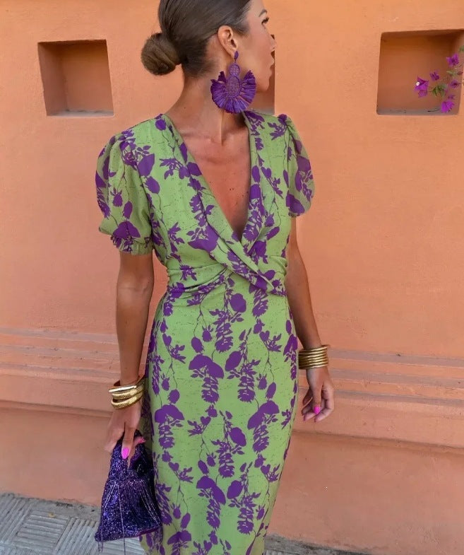 Women's fitted printed ruched maxi dress with V-neck and short sleeves by FitiqueFit, showcasing a stylish, elegant design.