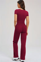 Fitglutes Activewear flared leggings and T-shirt set, stylish gymwear featuring a fitted T-shirt and high-waisted flared leggings.