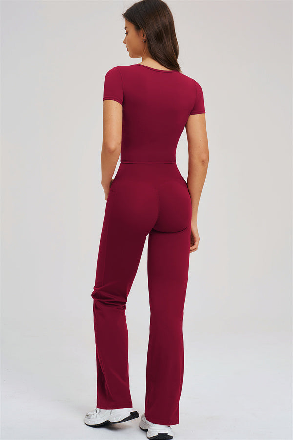 Fitglutes Activewear flared leggings and T-shirt set, stylish gymwear featuring a fitted T-shirt and high-waisted flared leggings.
