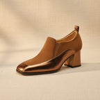 Women's retro cowhide slip-on pumps with square toe, chunky heel, and stylish design by FitiqueFit.