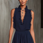 Sleeveless lace-spliced V-neck mini dress with high waist and ruffle details by FitiqueFit, perfect for stylish women.