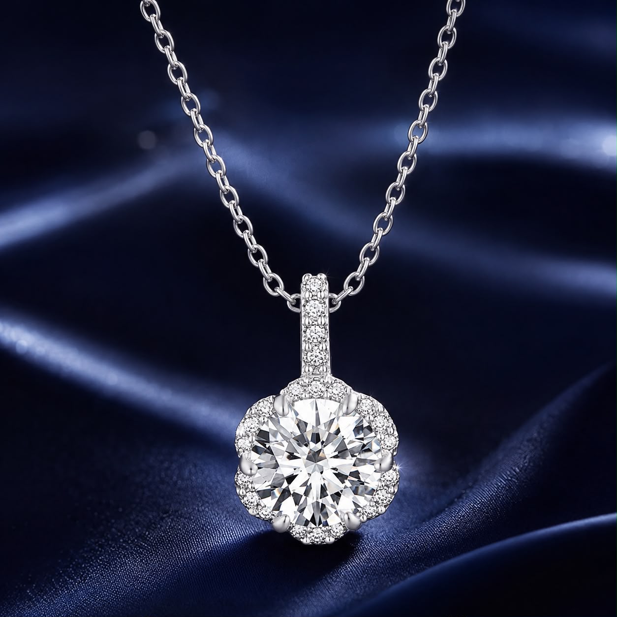 Sterling silver moissanite pendant necklace for women featuring a sparkling gemstone on a 45cm chain.