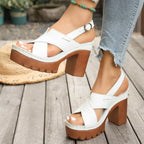 Open toe block heel sandals in neutral tones with sleek straps, stylish Trendsi shoe perfect for summer outfits.