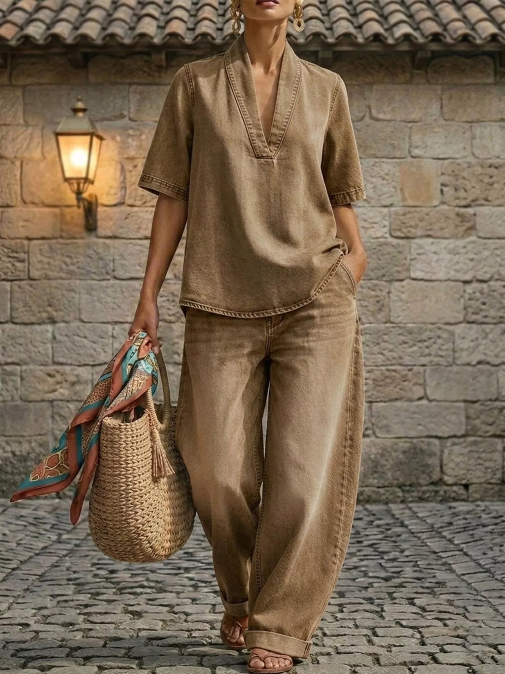 Plus size women's dress set with half sleeve top and wide-leg pants from Trendsi, shown in a stylish, comfortable fit.