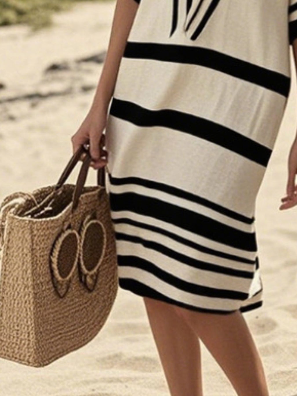 Women's plus size striped midi dress with half-sleeves, casual chic style, featuring a comfortable fit from Plush Fashion Hub.