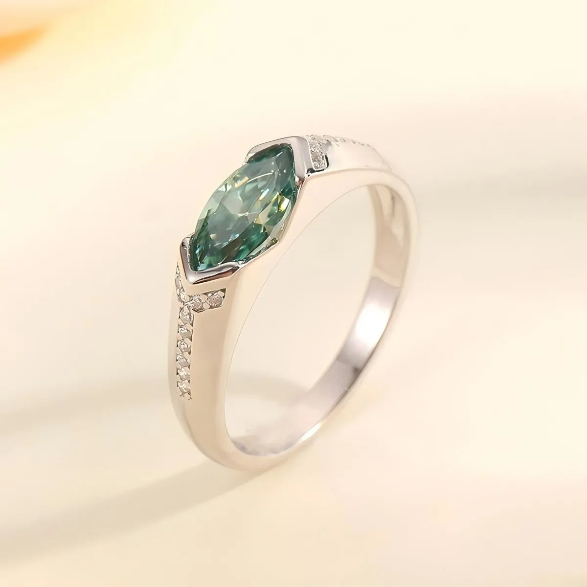 Sterling silver ring with 1 carat moissanite gemstone, featuring a polished band and elegant design from Plush Fashion Hub.