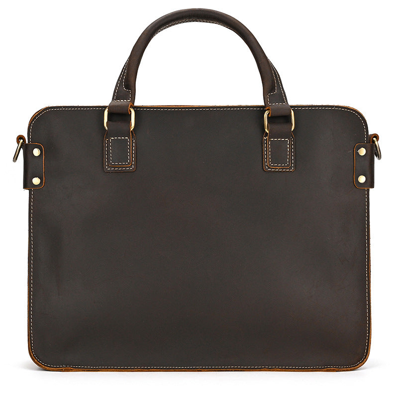 Retro Crazy Horse leather briefcase by Plush Fashion Hub, 14-inch commuter business bag with vintage leather finish and sturdy handles.