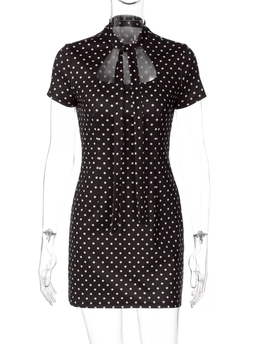 Polka dot cut-out front mini dress by Shopimist featuring a stylish design with a fitted silhouette and playful pattern.