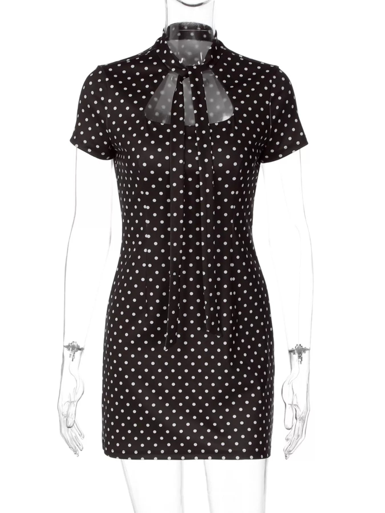Polka dot cut-out front mini dress by Shopimist featuring a stylish design with a fitted silhouette and playful pattern.