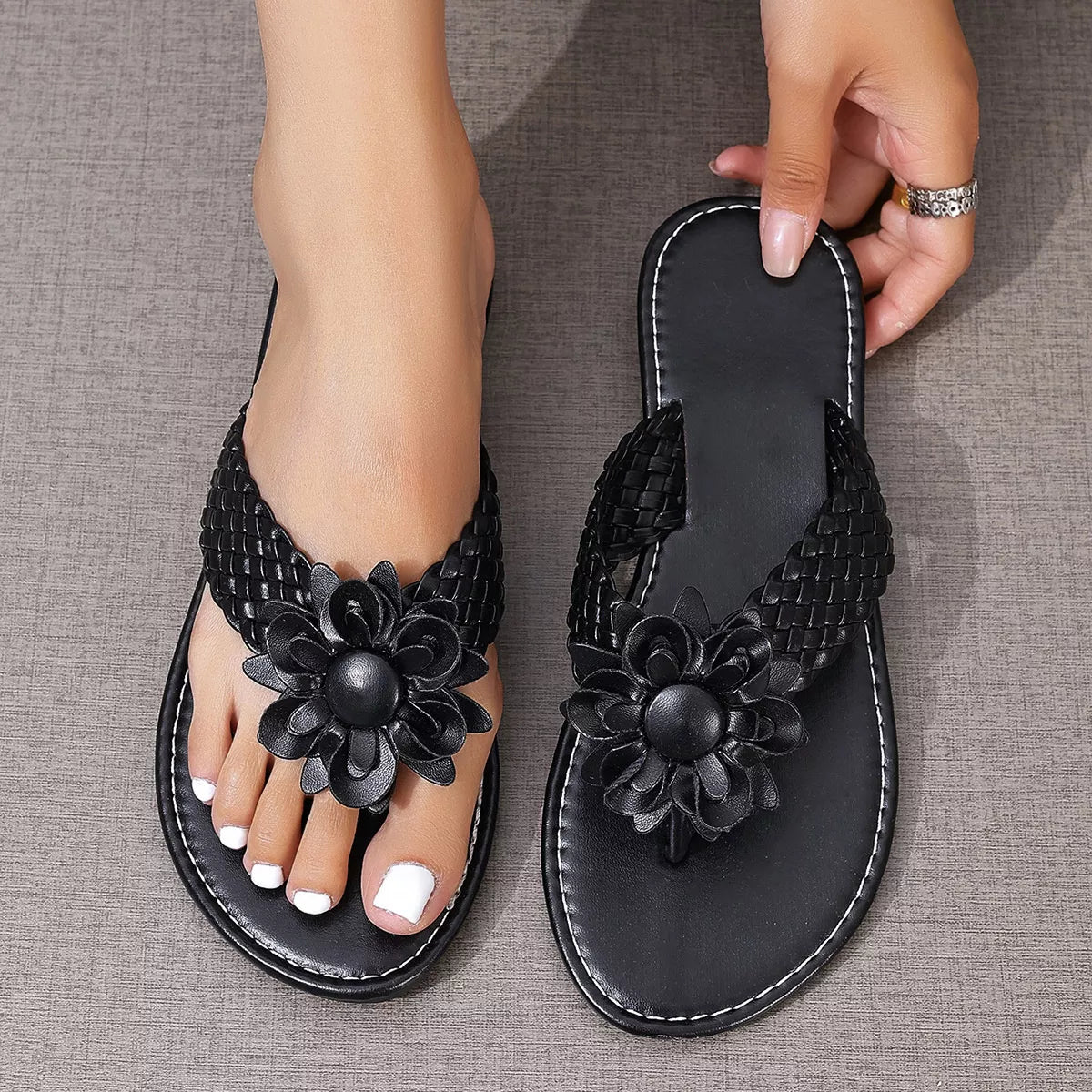 Plush Fashion Hub flower toe post sandals featuring colorful floral design and comfortable straps for casual wear.