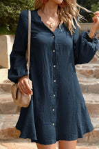 Devine notched balloon sleeve cotton mini dress by Trendsi, featuring a feminine design with puffed sleeves and a fitted silhouette.