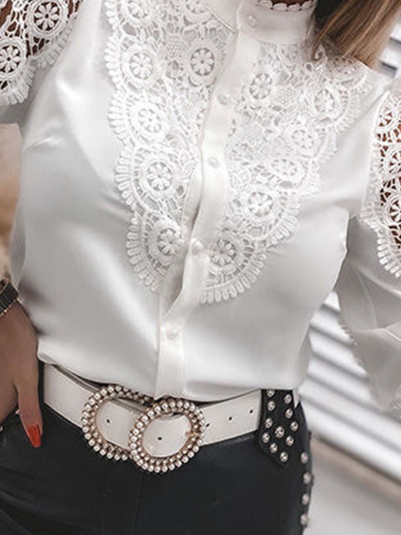 Elegant lace detail long sleeve button-down shirt by Trendsi, showcasing sophisticated office wear with a classic fit and intricate lace accents.