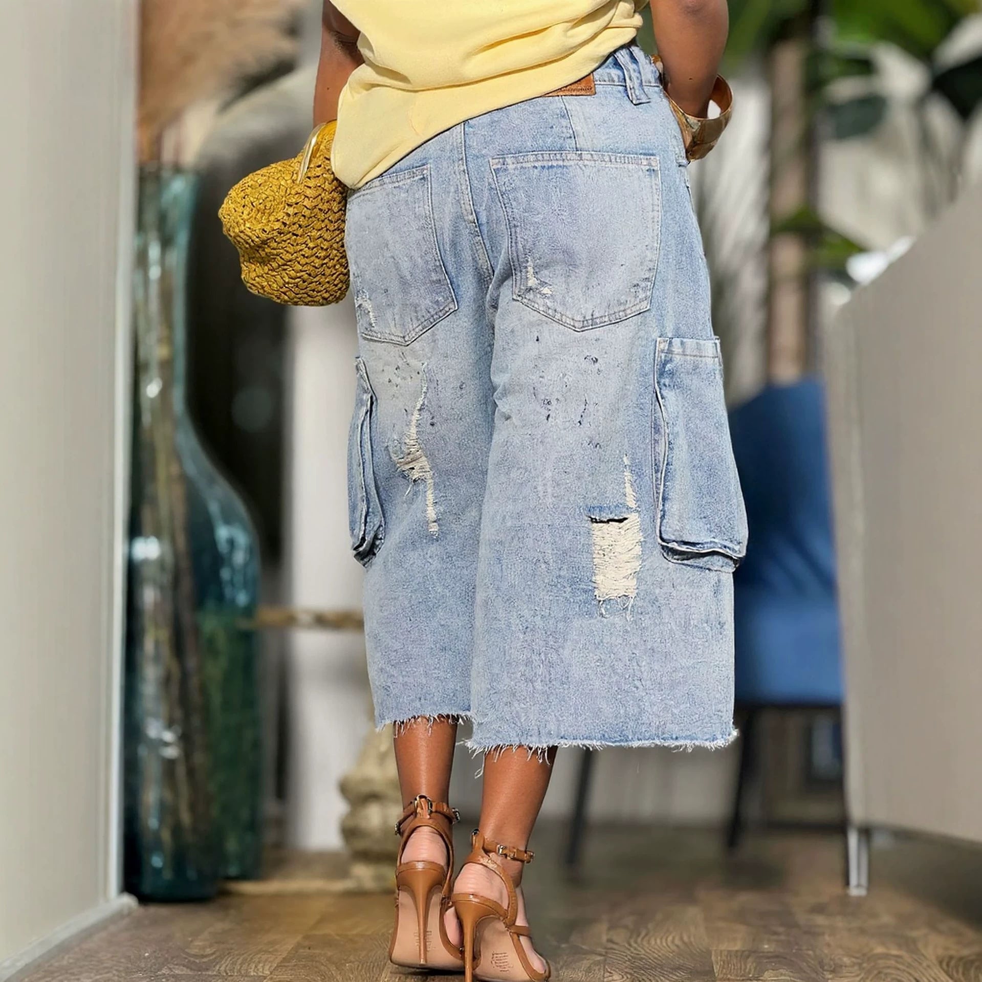 Ripped Raw Hem Multi-Pocket Cargo Seven-Eighth Denim Pants