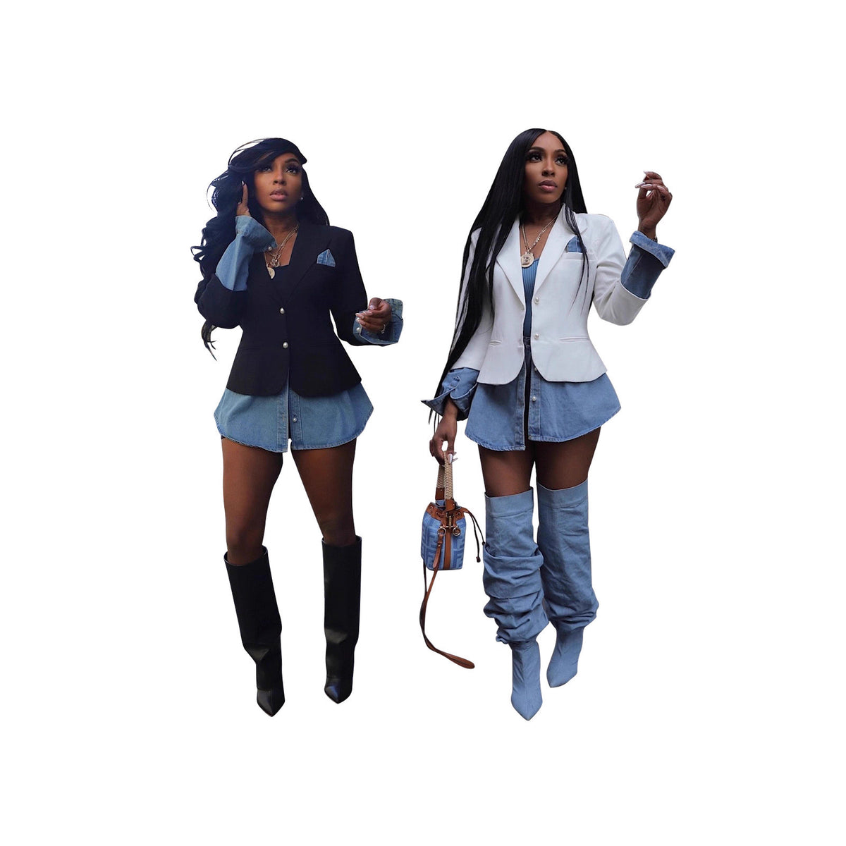 Casual women's patchwork denim blazer coat by eprolo, featuring a stylish design with mixed denim patches.