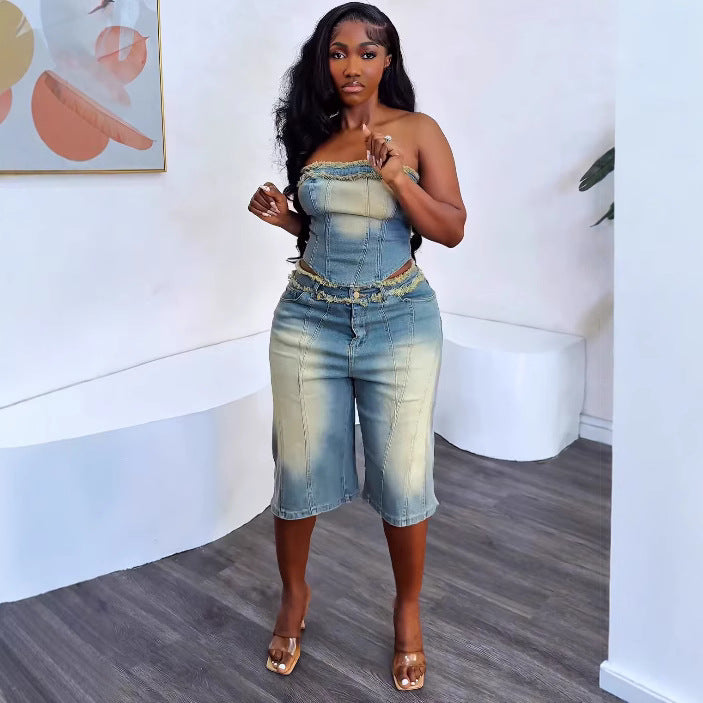 Women's denim crop top and high-waisted shorts set with raw hem, trendy fashion by Plush Fashion Hub displayed on a model.