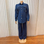 Vintage Denim Long Sleeve Shirt and Straight Leg Pants Two-Piece Set