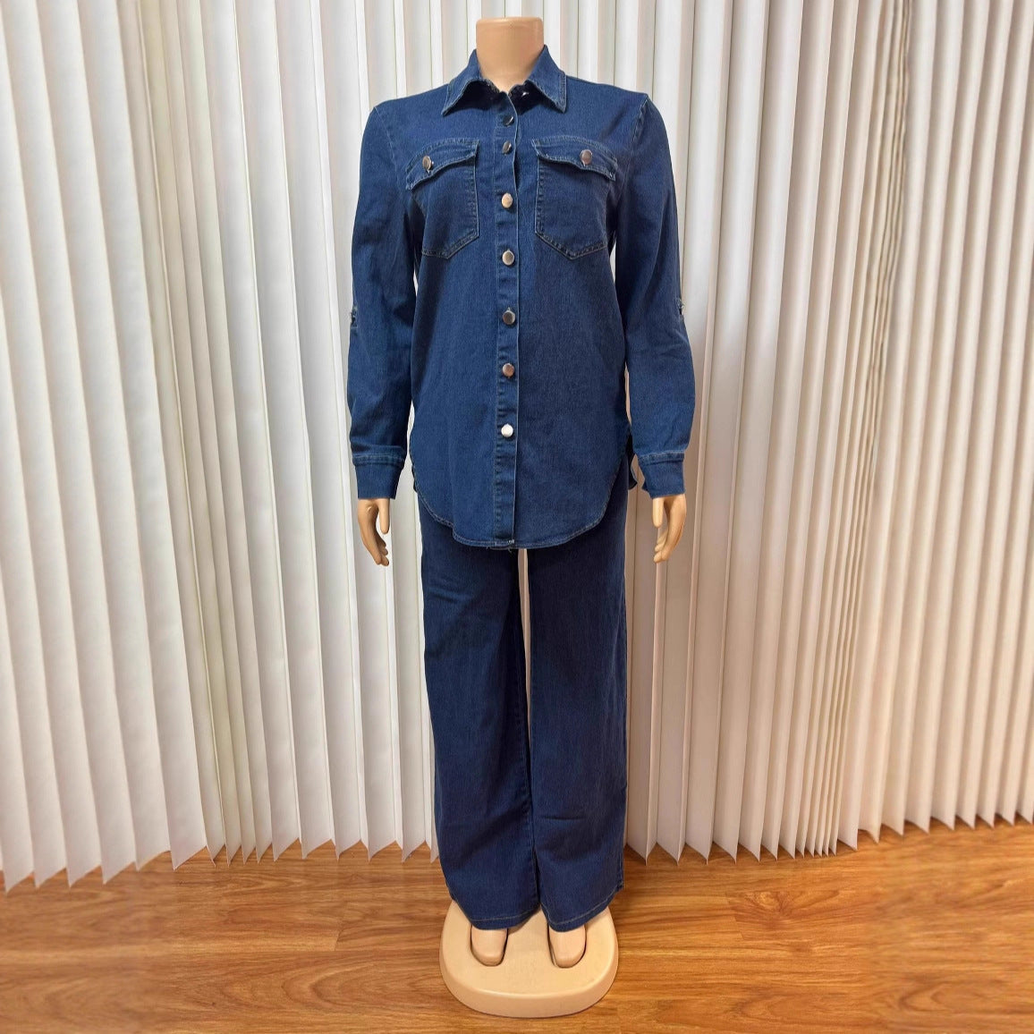Vintage Denim Long Sleeve Shirt and Straight Leg Pants Two-Piece Set