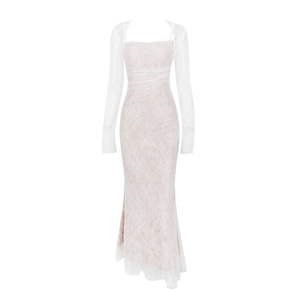 Elegant lace shawl and two-piece mermaid maxi dress set by FitiqueFit featuring long sleeves and intricate lace details.