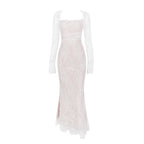 Elegant lace shawl and two-piece mermaid maxi dress set by FitiqueFit featuring long sleeves and intricate lace details.