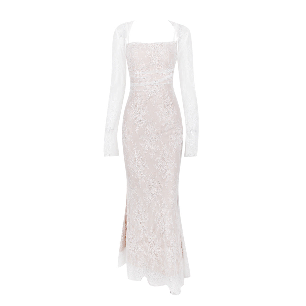 Elegant lace shawl and two-piece mermaid maxi dress set by FitiqueFit featuring long sleeves and intricate lace details.