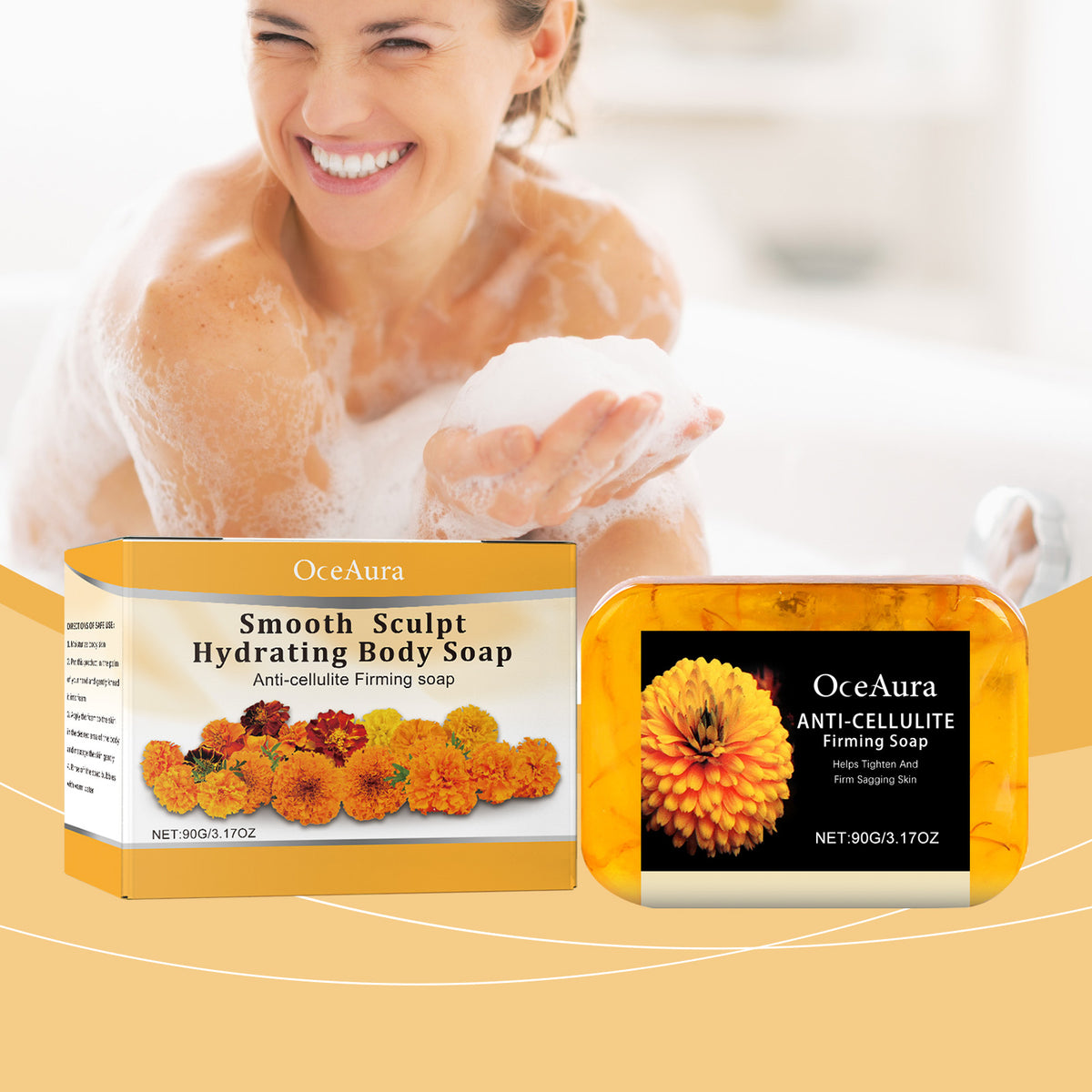 OceAura anti-cellulite body soap bar and box with orange marigold flower graphics, and a woman in a tub.