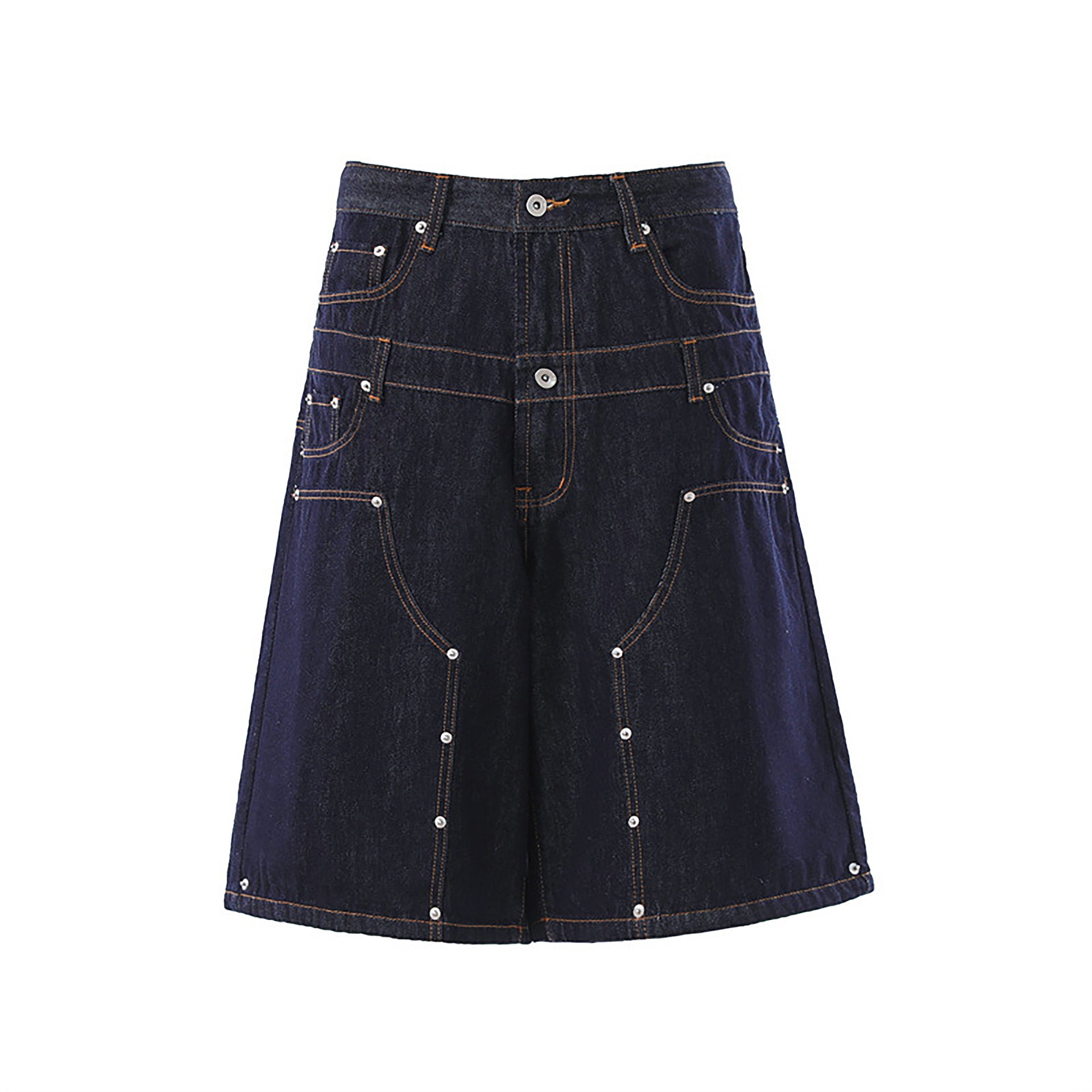 Street Style Double Waistband Studded Denim Two-Piece Set