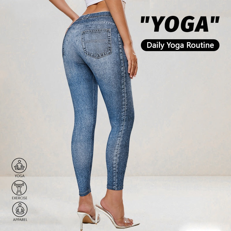 Retro denim-look high-elastic yoga leggings by FitiqueFit, featuring a figure-enhancing fit and stylish denim-inspired design.