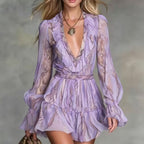 Bohemian Snake Print Long Sleeve V-Neck Ruffle Hem Fitted Sheath Dress