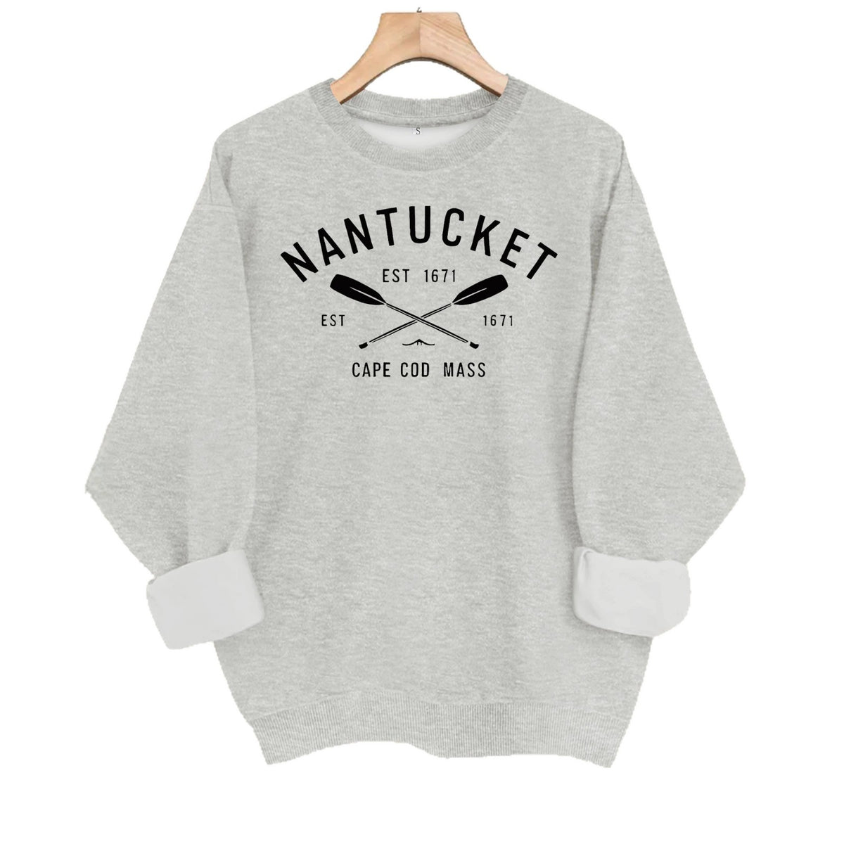 Heather gray crewneck sweatshirt with "Nantucket Cape Cod Mass" and crossed oars graphic printed in black.