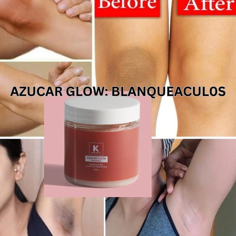 Azucar Glow Exfoliator jar with white lid and red label, showing before-and-after skin areas.