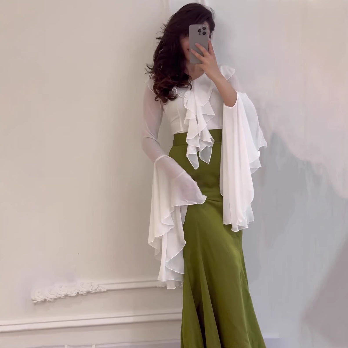 Eprolo tie-dye autumn fitted A-line dress with ruffle sleeves, patchwork design, and full-length style for women.