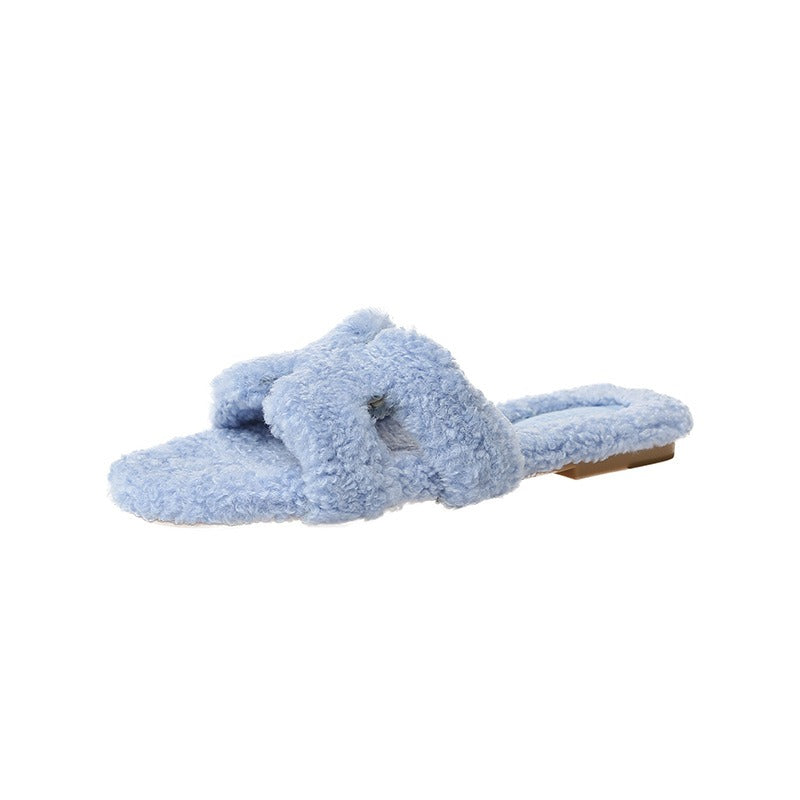 Rainbow lamb fur suede slide sandals from Plush Fashion Hub featuring colorful fur accents and comfortable slip-on style.