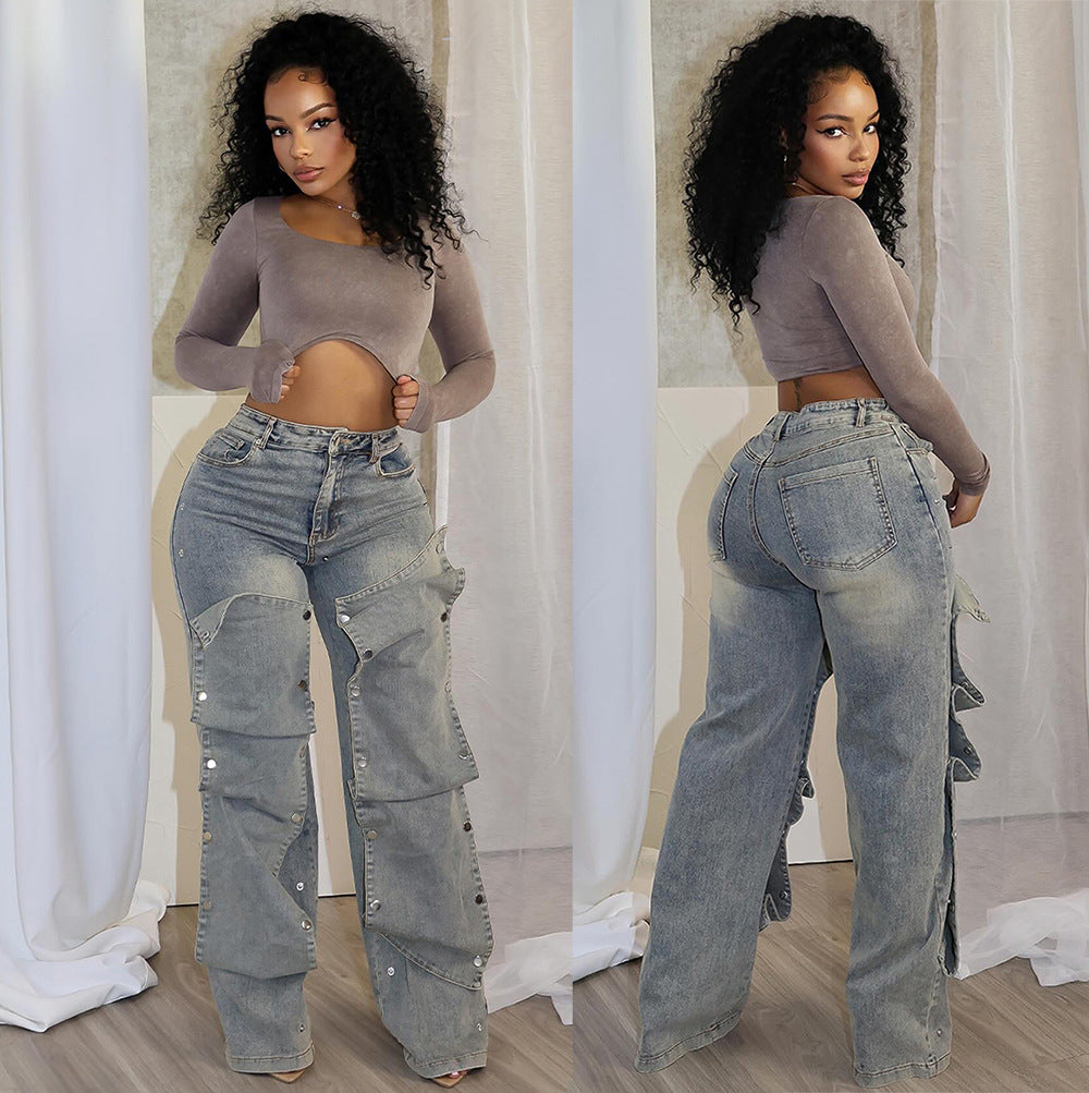 High-Waisted Straight Leg Jeans with Detachable Button Detail