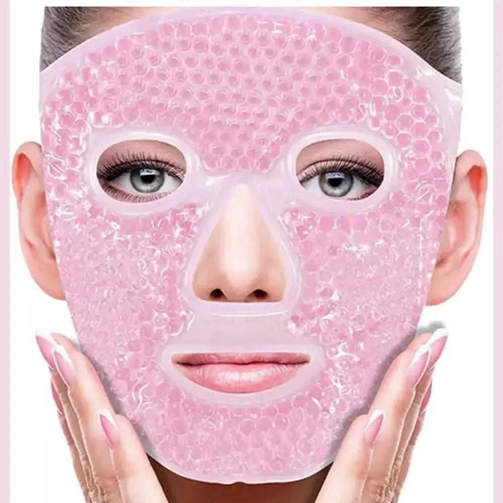 Pink gel bead face mask worn on person's face, featuring cutouts for eyes, nose, and mouth.