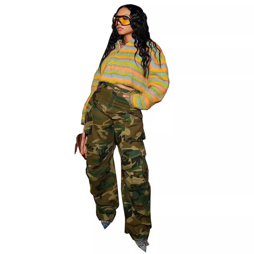 Women's winter camouflage cargo jeans by Plush Fashion Hub, featuring a relaxed fit and functional pockets in a stylish camouflage pattern.