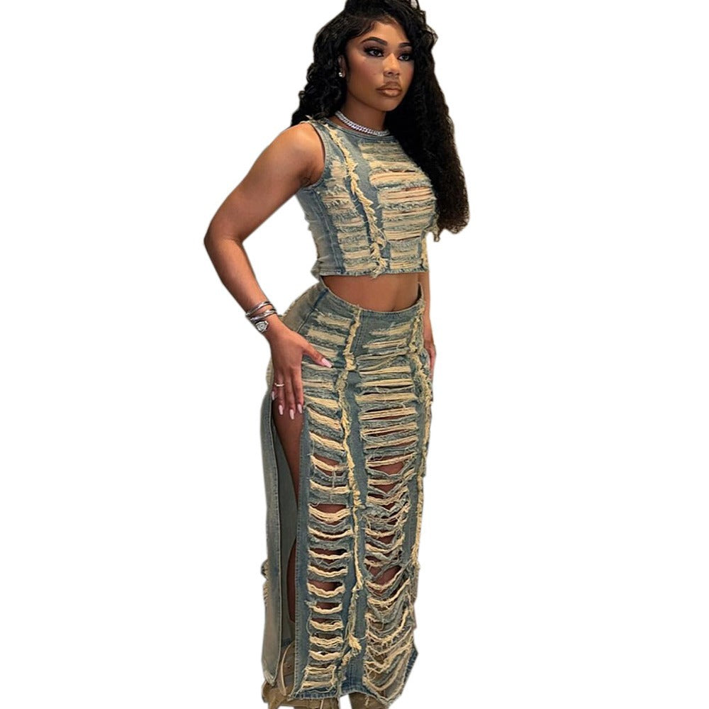 Denim Set Women's Fashion CasualHandcrafted Distressed Vest with Slit Denim Skirt