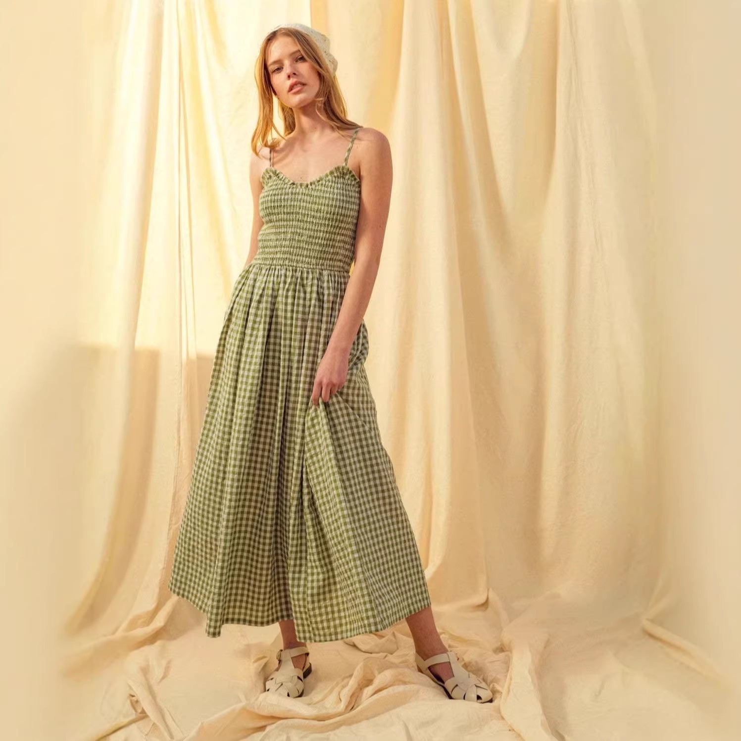 Women's retro plaid sleeveless A-line maxi dress by FitiqueFit featuring a fitted waist and pleated sundress design.
