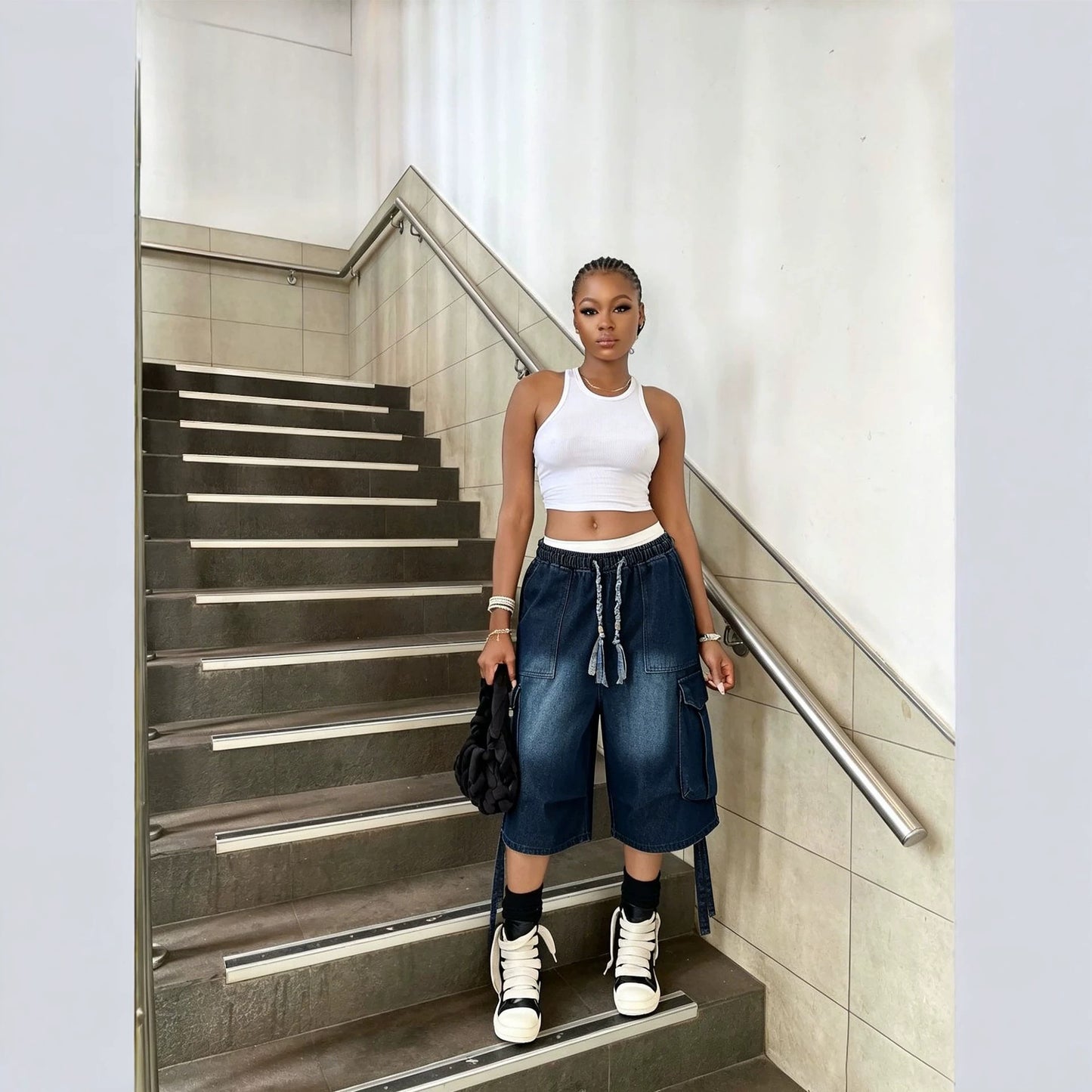 Washed denim casual pants for women with elastic waist and drawstring from Plush Fashion Hub, featuring a relaxed fit and stylish design.
