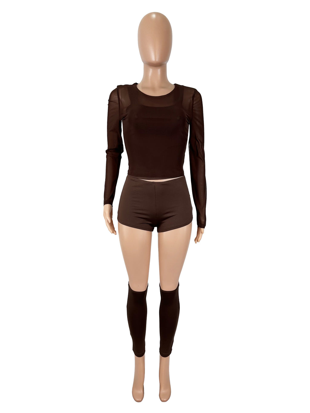 Solid Color Mesh 4-Piece Set Vest Long Sleeve Sheer Outfit Women's Set