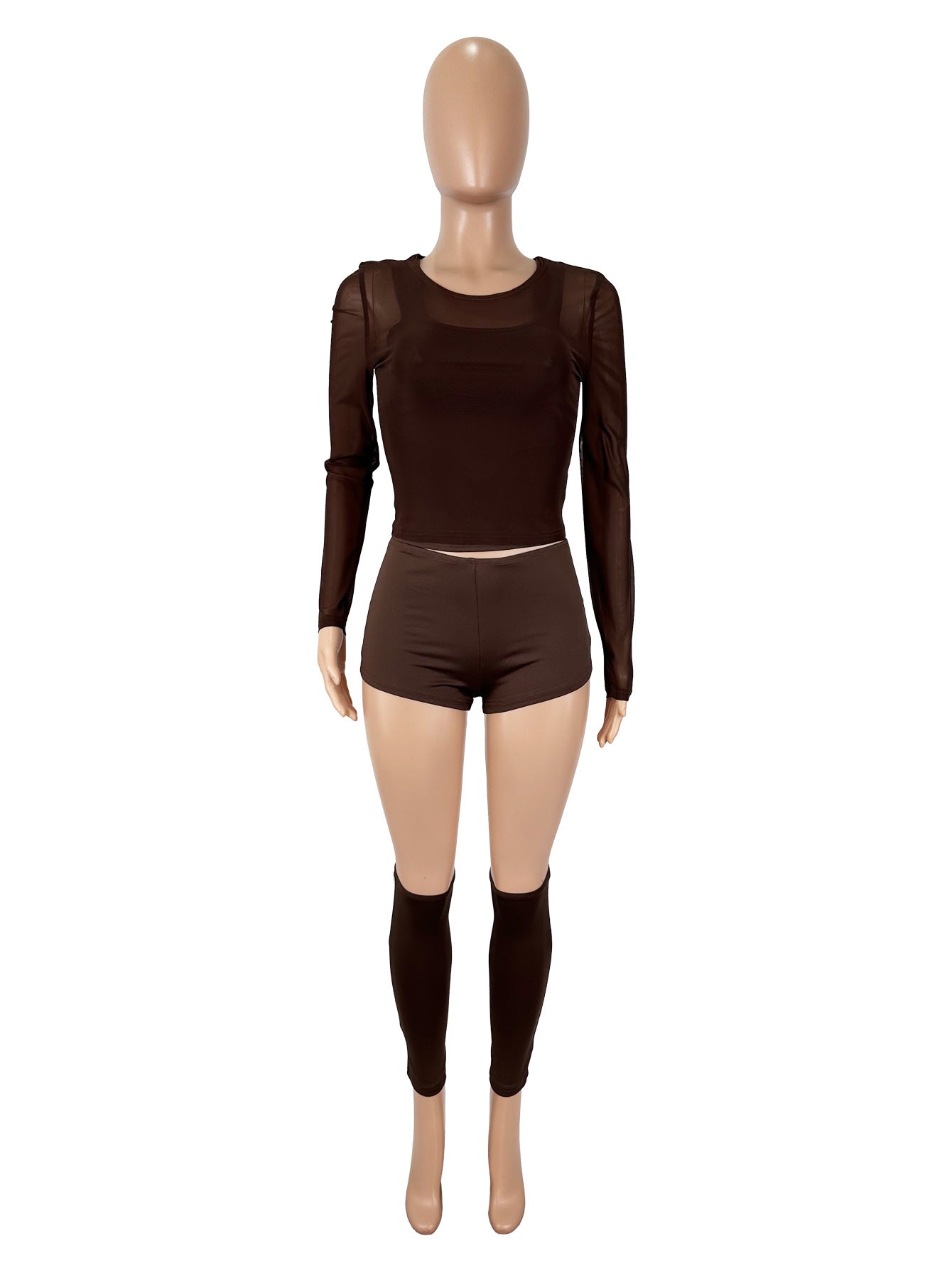 Solid Color Mesh 4-Piece Set Vest Long Sleeve Sheer Outfit Women's Set