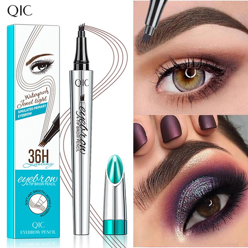 Silver QIC 4-tip eyebrow pencil with blue and white box and cap, shown with application on eyebrows.