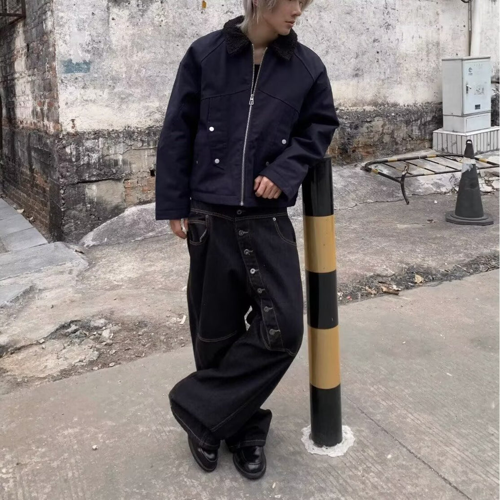 Curved Long Button-Down Design Jeans