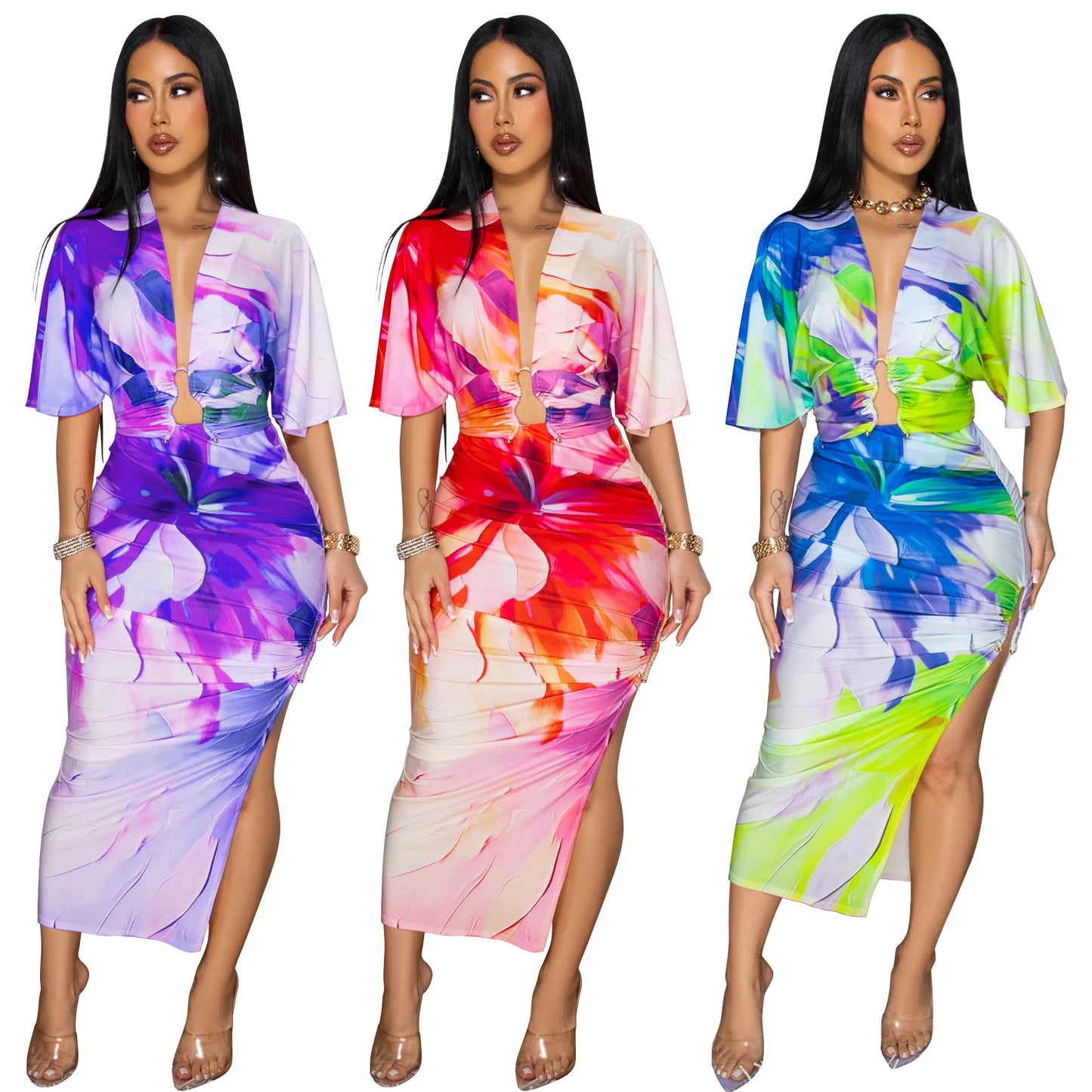 Eprolo Luna V-neck side-split midi skirt set featuring a stylish V-neck top and flowing midi skirt in a coordinated two-piece design.