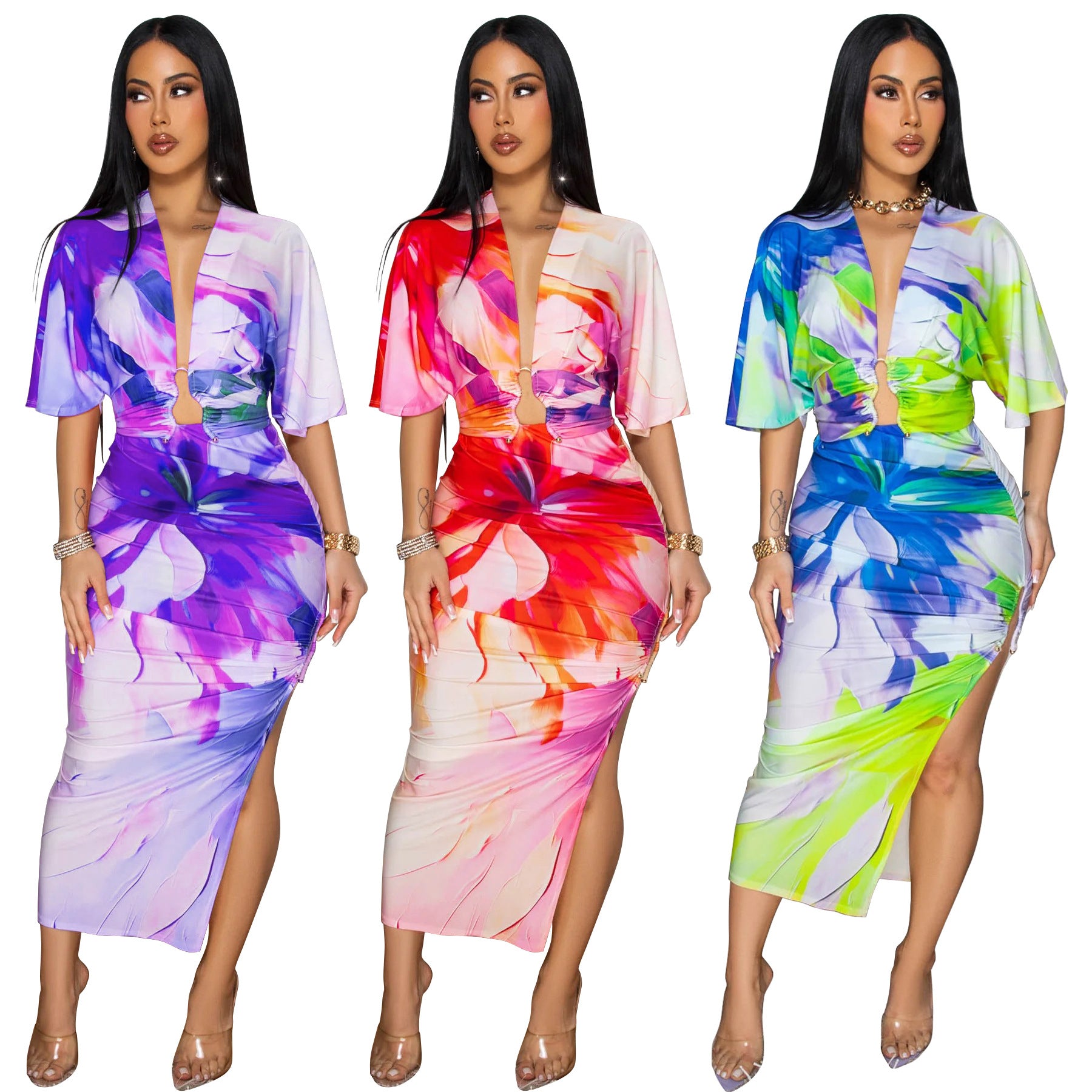 Luna V-Neck Side-Split Midi Skirt Set