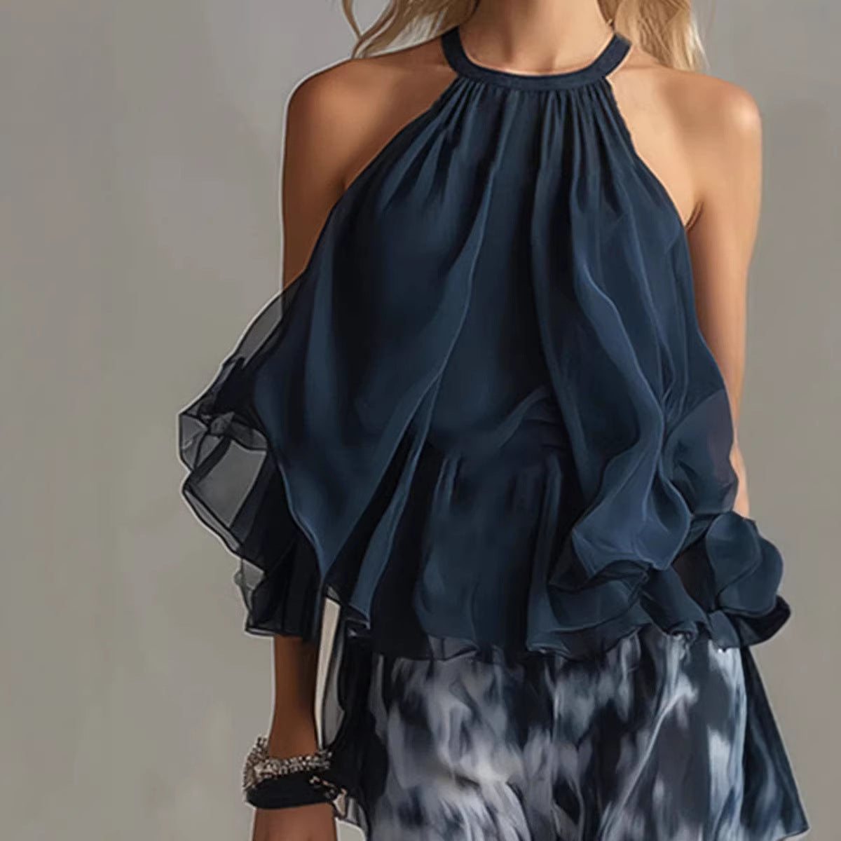Sleeveless camisole collar top and printed wide leg pants chiffon set