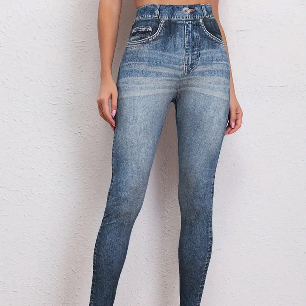 Retro denim-look butt-lifting yoga leggings by Plush Fashion Hub, high-elastic fitness pants with a stylish denim design.