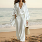 Women's 3-piece cardigan, sleeveless vest, and wide-leg pants set by FitiqueFit, stylish matching outfit on a model.